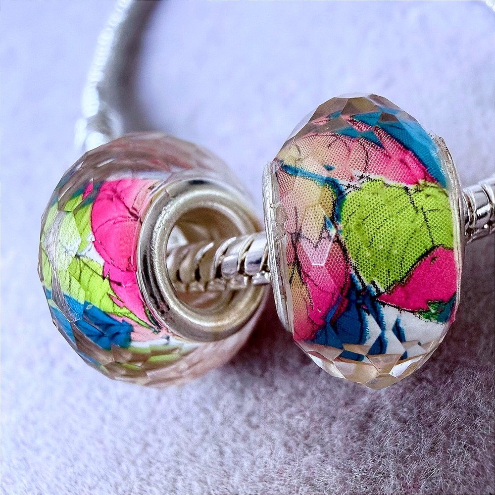 Set of 2 Floral Spacer Charm Beads fits PANDORA Pink Green Blue